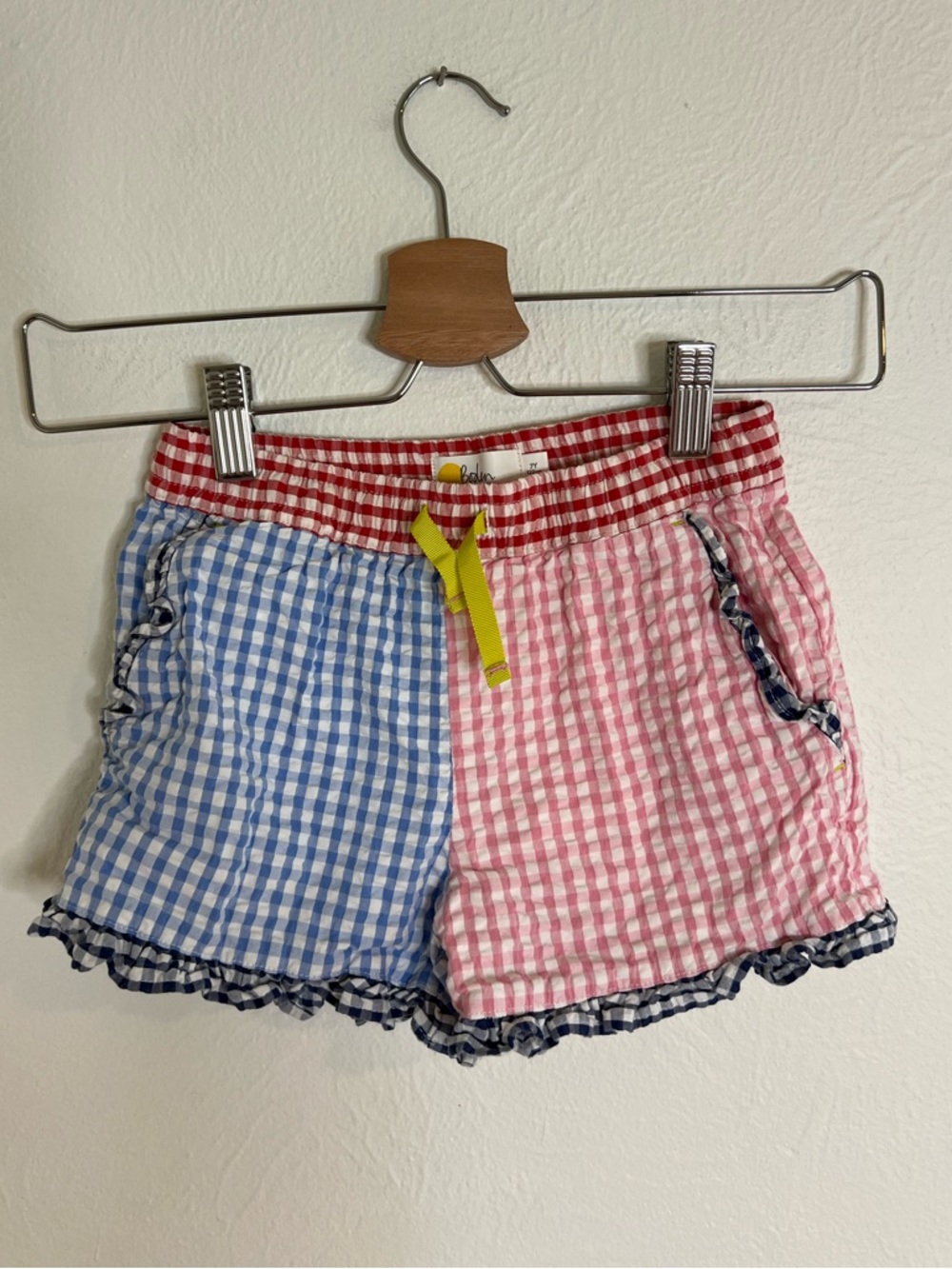 Boden Girls' Red, Pink & Blue Gingham Shorts with Yellow Drawstring size 7Y